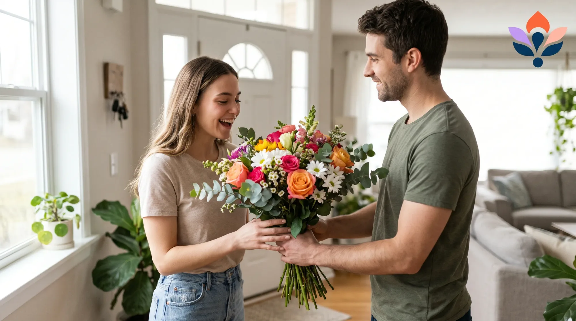 Sevgiliye romantik bir jest için hazırlanan renkli gül ve mevsim çiçeklerinden oluşan buket