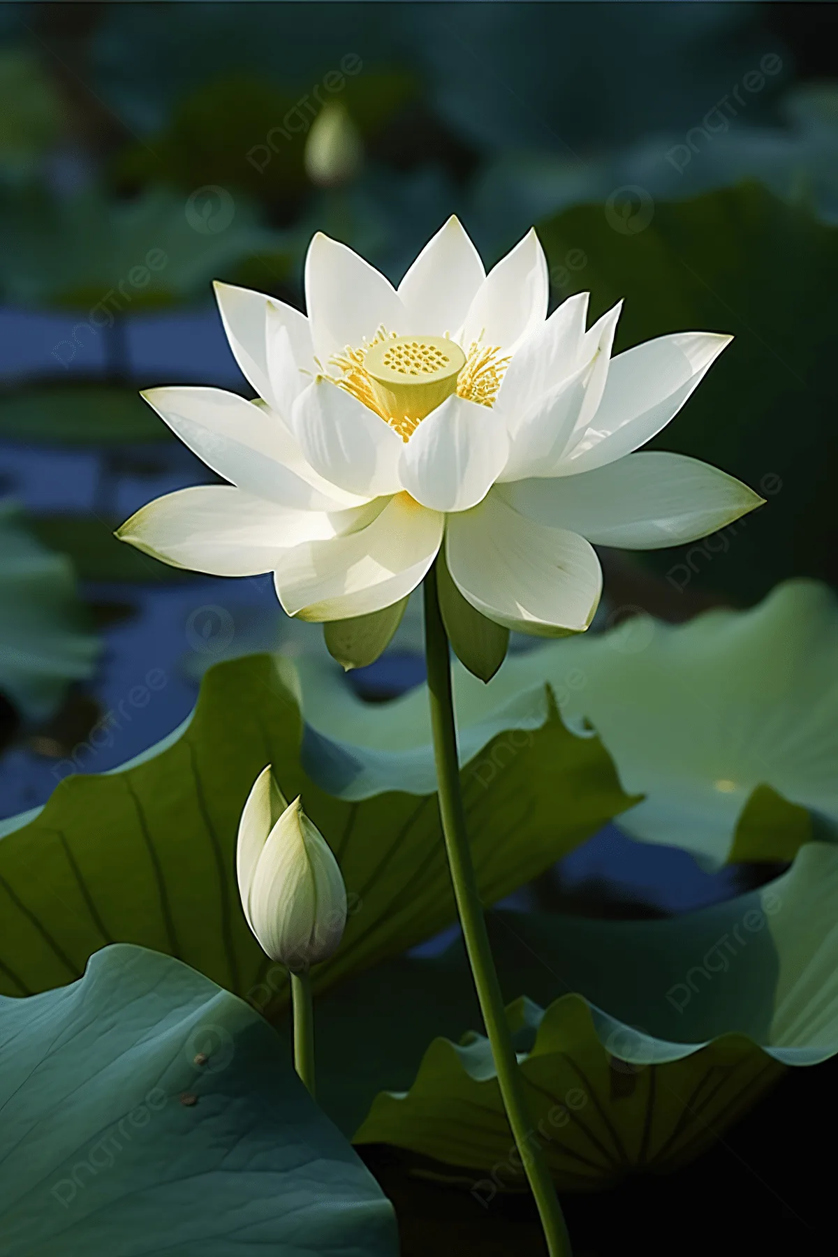 Durgun su üzerinde açan pembe lotus çiçeği ve geniş yeşil yaprakları