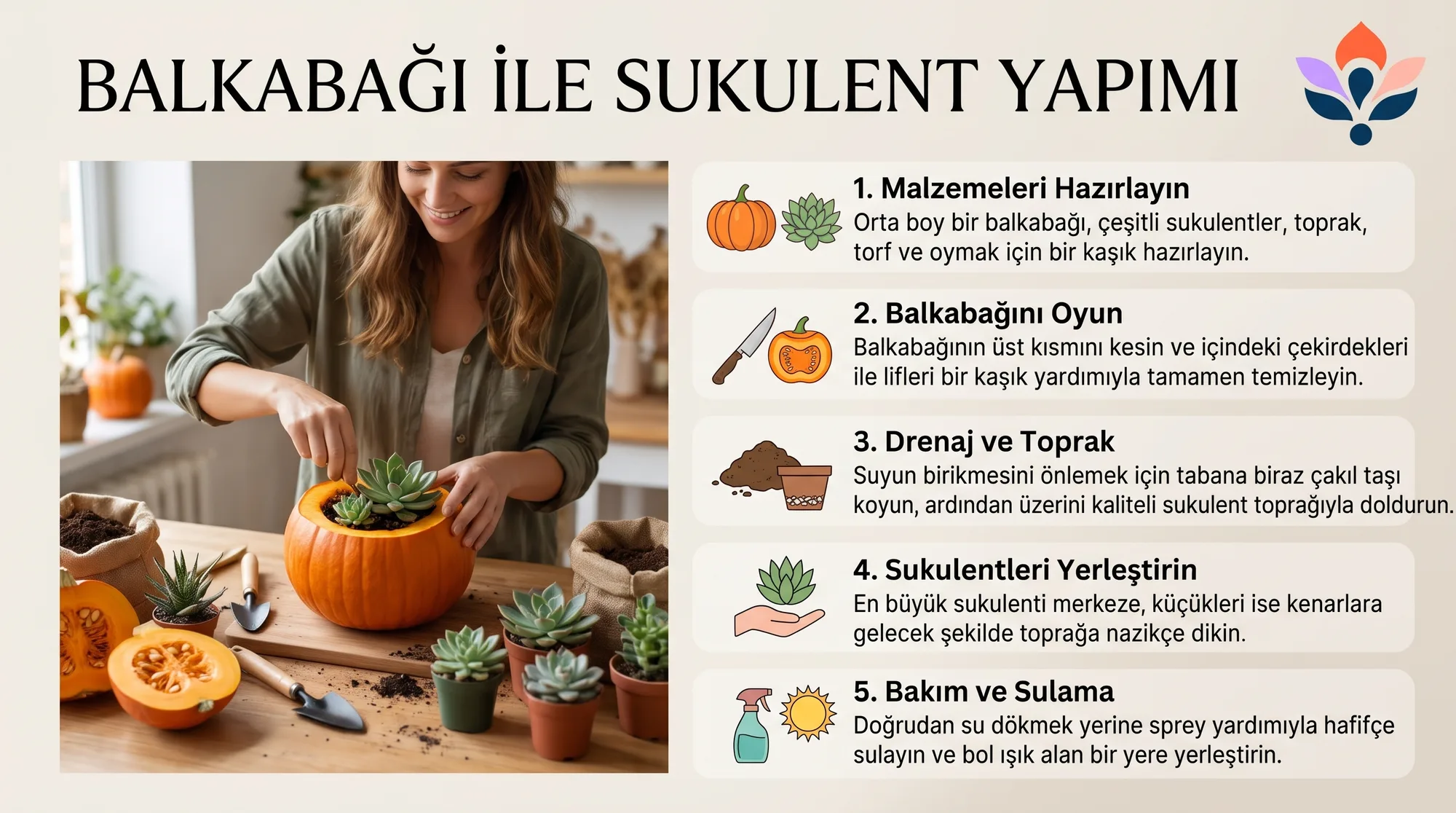 Balkabağı içerisinde hazırlanmış dekoratif sukulent aranjmanı