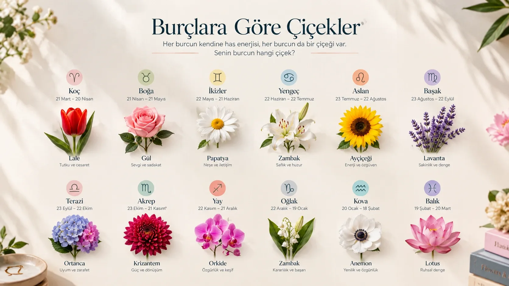 On iki burç için lale, gül, papatya, zambak, ayçiçeği ve orkide gibi çiçeklerin eşleştirildiği dekoratif burç çiçekleri görseli