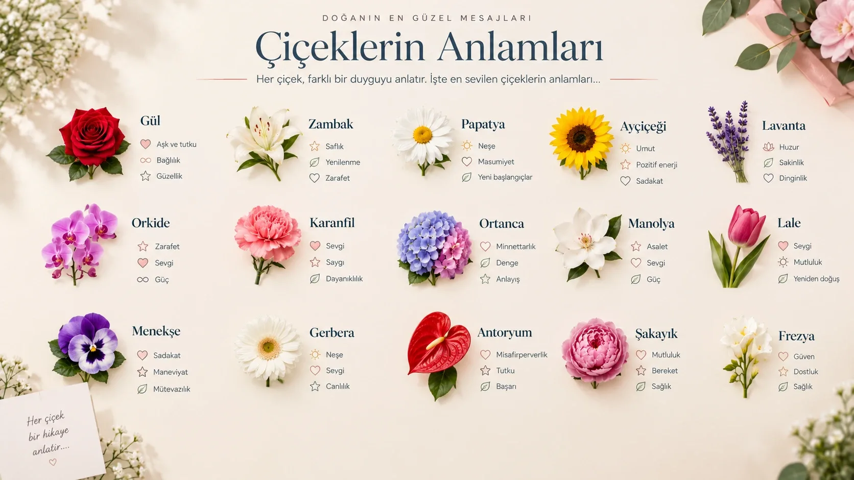 Gül, papatya, lale, orkide ve diğer çiçeklerin anlamlarını gösteren çiçek rehberi