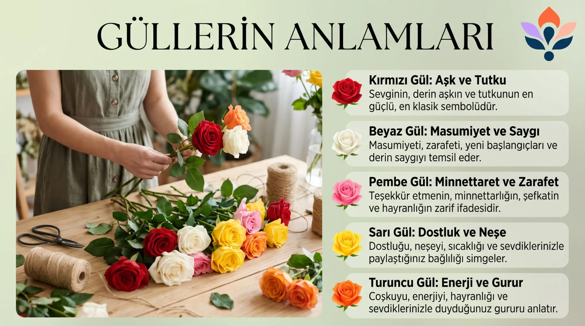 Kırmızı, beyaz, pembe, sarı ve mor güllerden oluşan renkli buketler