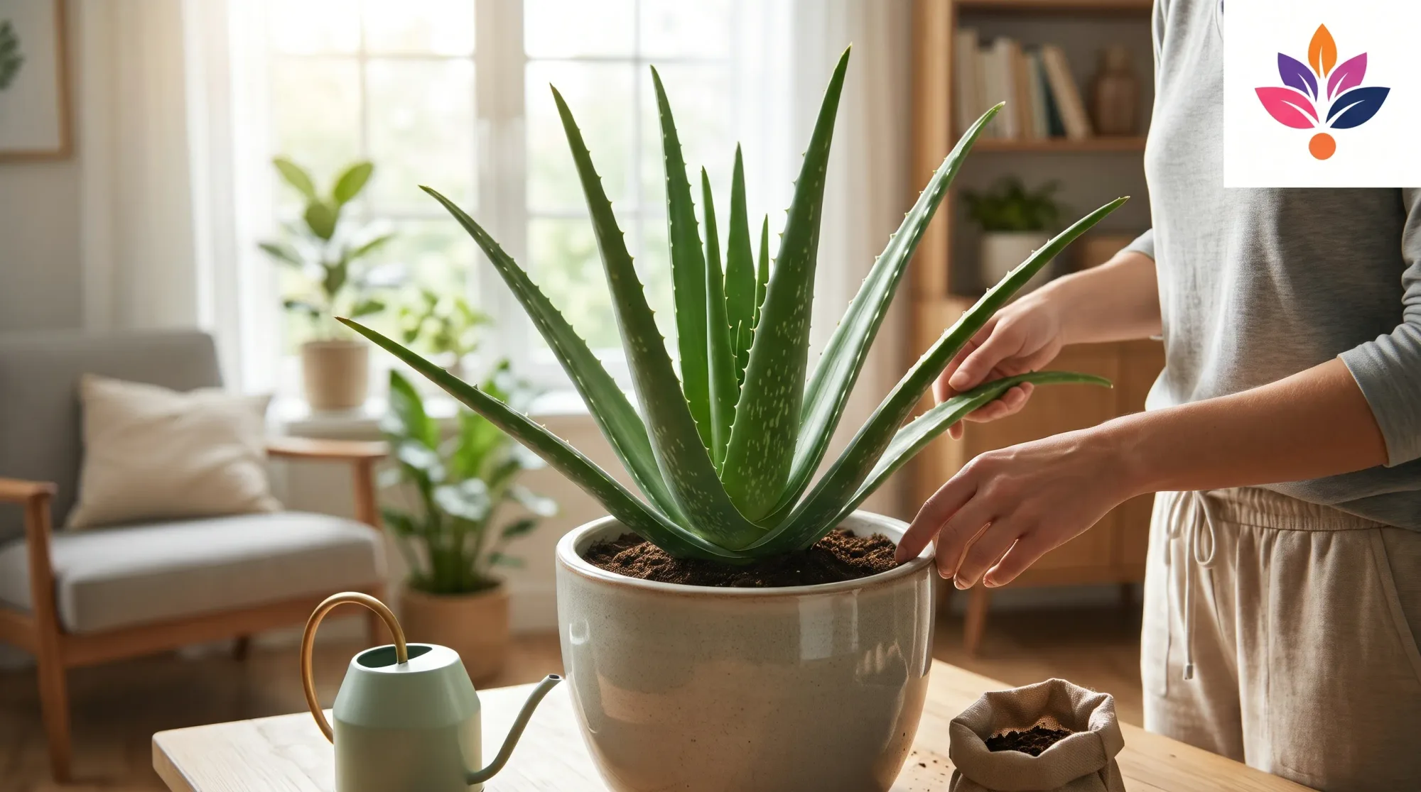 Saksıda yetişen yeşil aloe vera bitkisi ve etli yaprakları