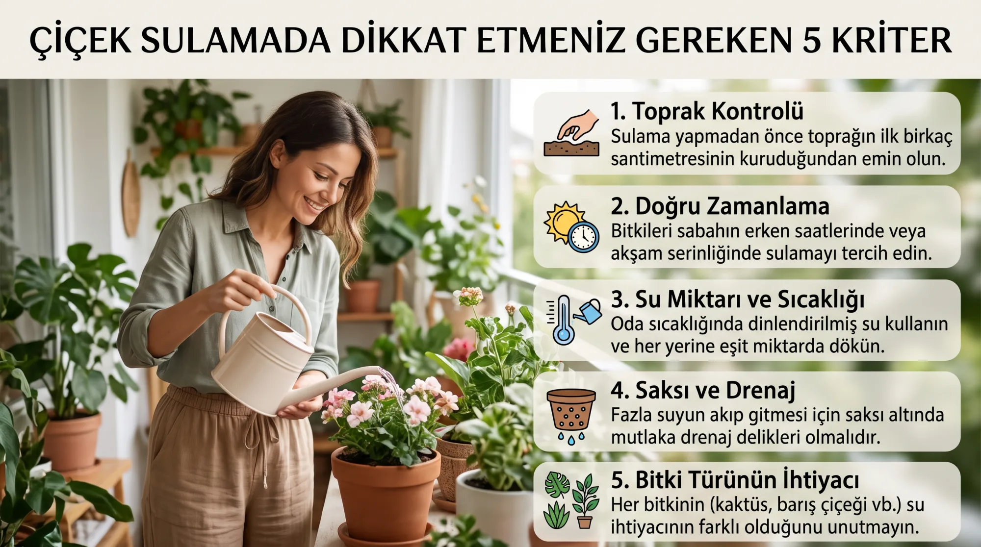 Ev bitkisinin toprağına sulama kabıyla dikkatlice su veren kişi