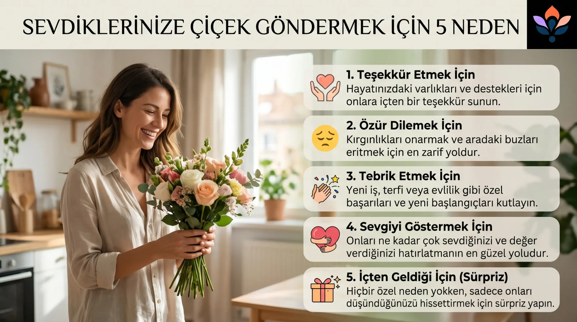 Sevdiklerinize mutluluk ve sevgi ifade etmek için hazırlanmış renkli, zarif bir çiçek buketi