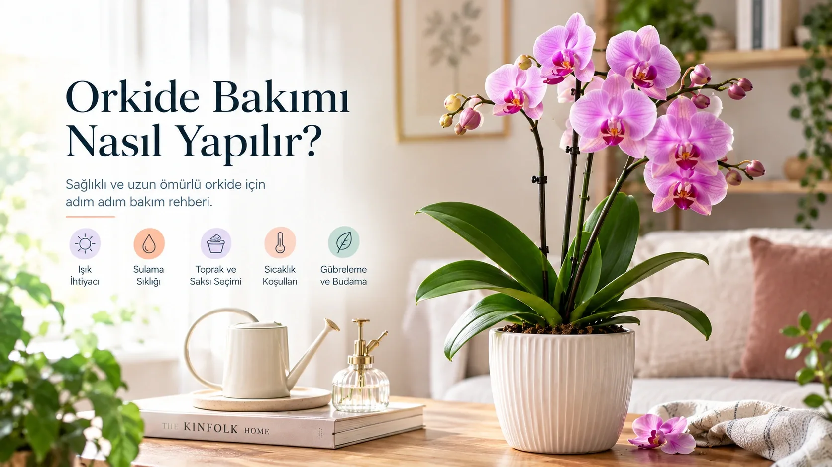 Ev ortamında beyaz saksıda yetişen pembe çiçekli orkide ve bakım malzemeleri