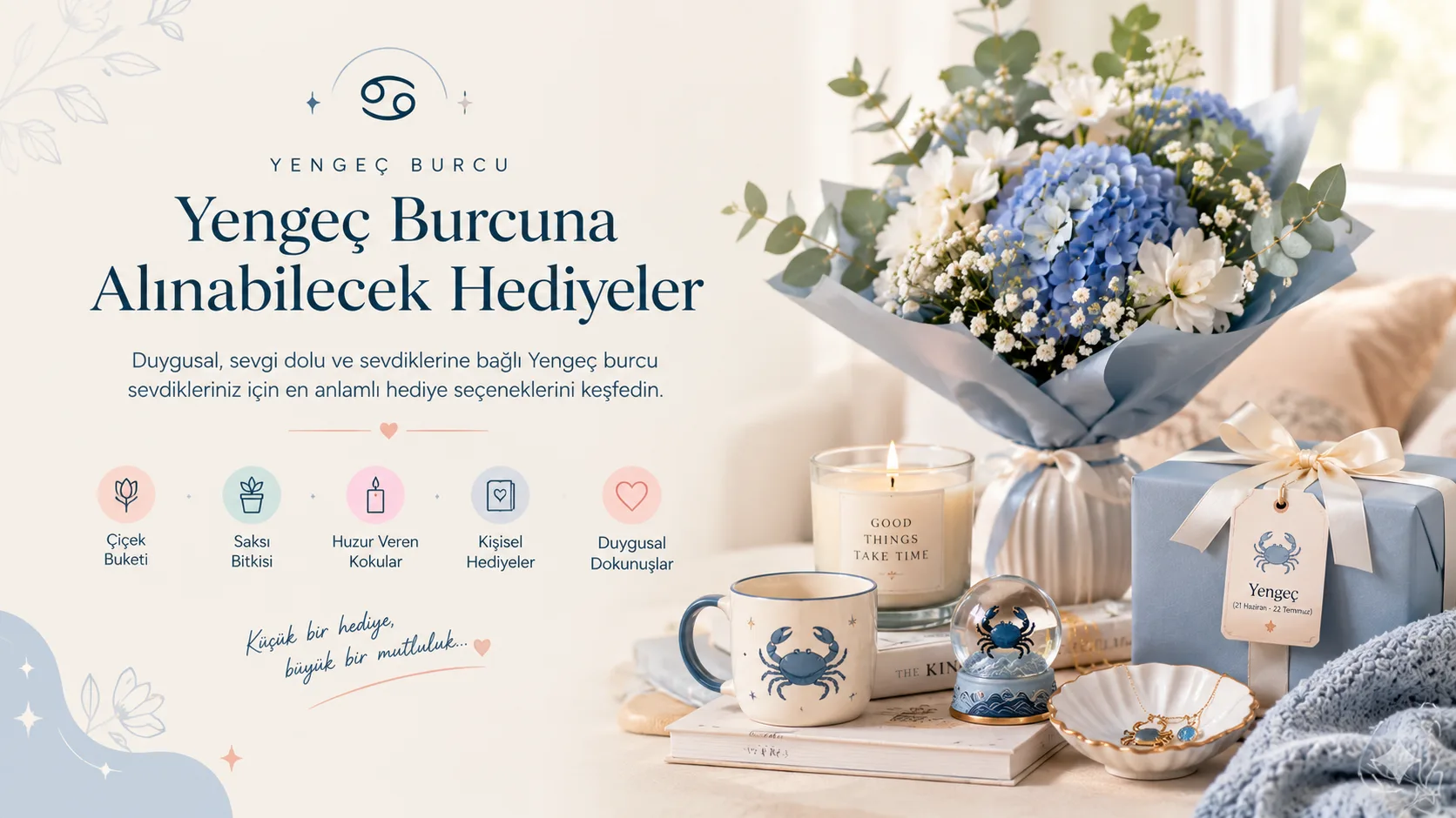 Mavi ortancalar, hediye paketi, kokulu mum ve kişisel hediyelerle Yengeç burcuna hediye fikirleri